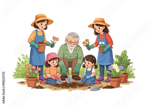 Family Gardening Together Outdoors.