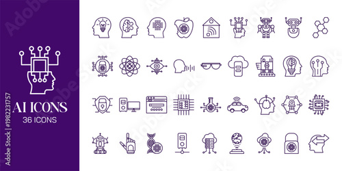 Artificial Intelligence Icon Set with AI Brain, Machine Learning, Robot, Data Network and Futuristic Technology Vector Collection