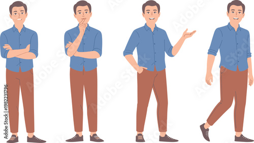 Set of young handsome man character in different poses walking standing and presenting for casual lifestyle fashion and advertising design vector illustration