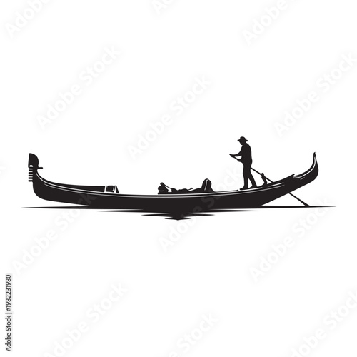 Black silhouette of venetian gondola boat isolated on white background profile.