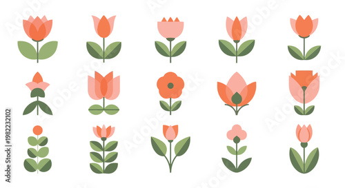 A set of colorful flowers with green leaves