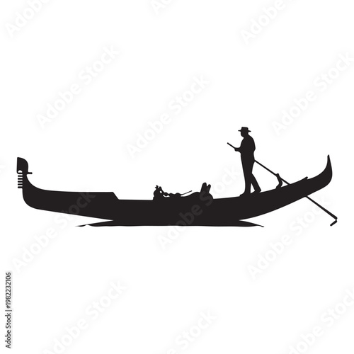 Black silhouette of venetian gondola boat isolated on white background profile.