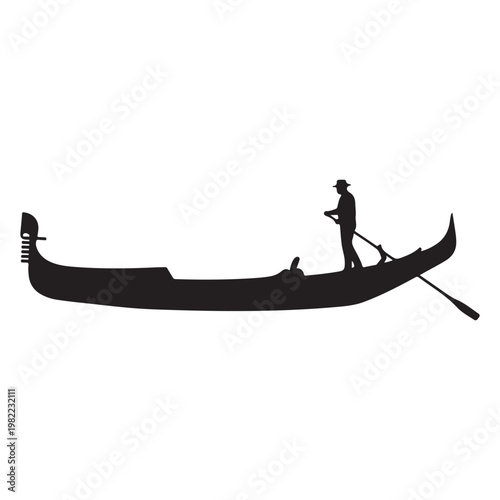 Black silhouette of venetian gondola boat isolated on white background profile.