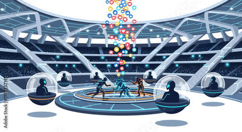 Futuristic sports arena with players in pods and colorful balls flying