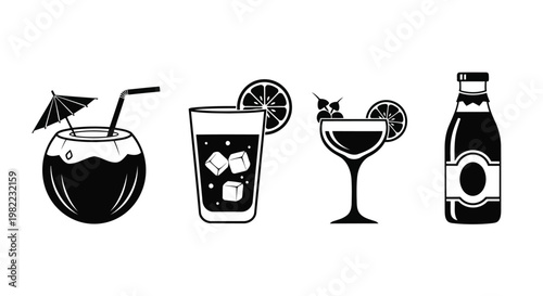 A set of four different cocktail drinks and a bottle