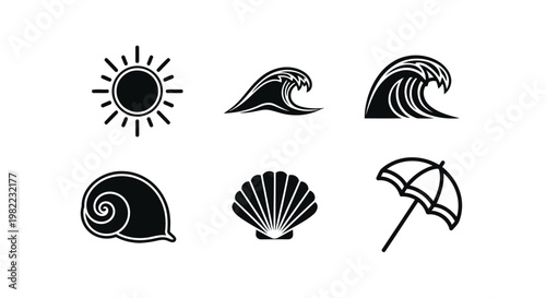A set of six beach icons including sun wave shell and umbrella