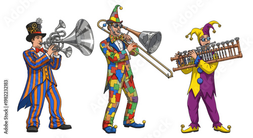 Jazz musicians playing brass instruments in colorful costumes