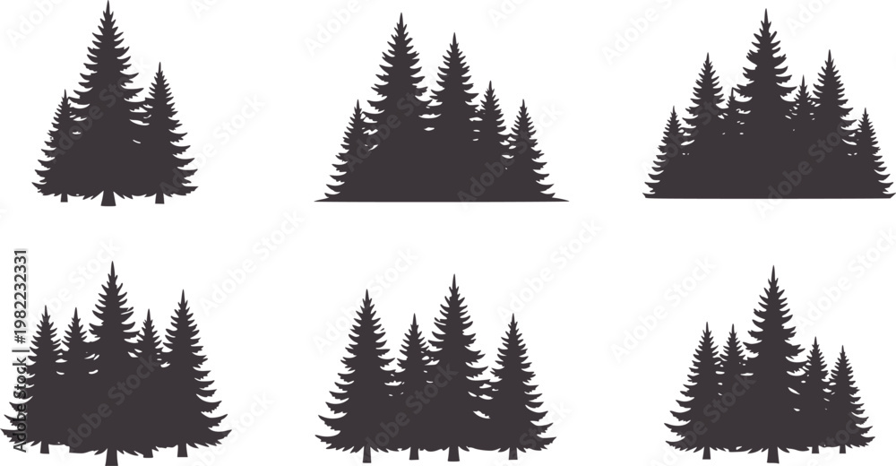 Fototapeta premium Six dark grey pine tree silhouettes white trees forest nature