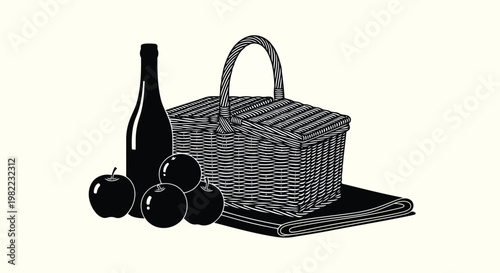 A wicker picnic basket with a bottle and some fruit