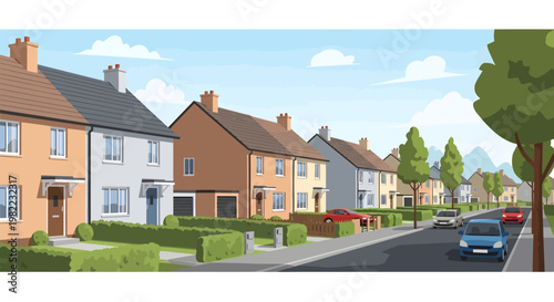 suburban street with houses and cars illustration