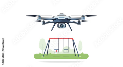 Drone flying over a children's swing set in a park