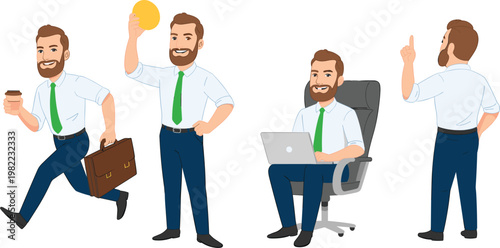 Set of professional businessman character in various poses including running with briefcase working on laptop and holding gold coin for corporate success and financial growth vector illustration.