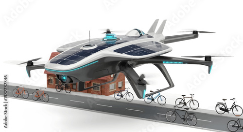 Futuristic drone delivery vehicle on road with cyclists