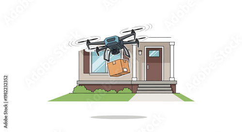 Drone delivering package to a house with a suburban lawn
