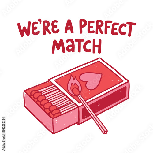 Matchbox with a lit match and a heart symbol, concept of perfect match, matchbox