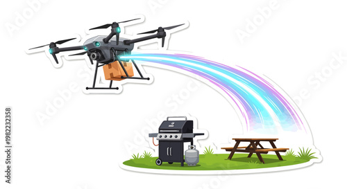 Drone delivering food to outdoor picnic barbecue