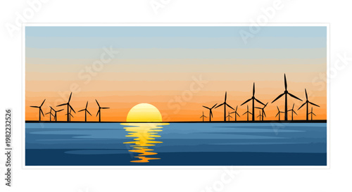 Wind turbines at sunset over water, renewable energy landscape