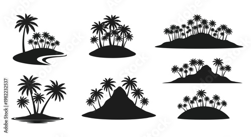 Black silhouettes of various tropical islands with palm trees