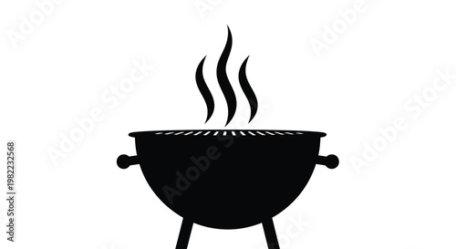 A simple black silhouette depicts a round barbecue grill with rising smoke plumes high quality professional