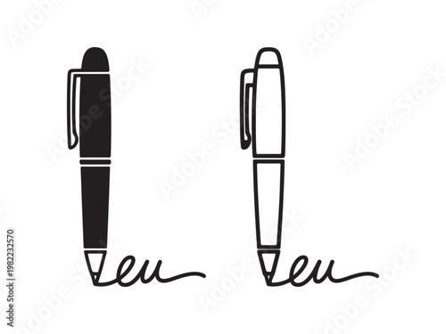 Signature pen icon set for writing and signing documents, vector illustration on white background.