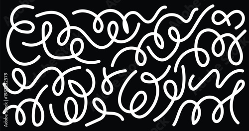White Abstract Scribble Lines on Black Background Hand Drawn Doodle Pattern Minimal Modern Curved Line Art Texture