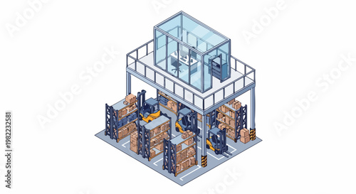 Isometric Warehouse Logistics Illustration with Storage Racks, Forklifts, and Elevated Glass Office for Management and Supply Chain Concept