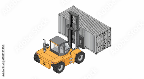 Industrial Heavy-Duty Forklift Lifting Shipping Container - Isometric Illustration for Logistics and Global Cargo Operations
