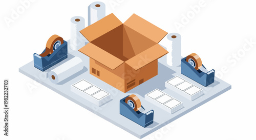 Isometric Shipping and Packaging Supplies Concept with Cardboard Box, Tape Dispensers, and Bubble Wrap for Logistics and E-commerce
