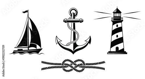 Nautical icons including sailboat anchor lighthouse and rope knot