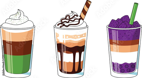 Three creative desserts served in cups with distinct flavors and toppings Vector