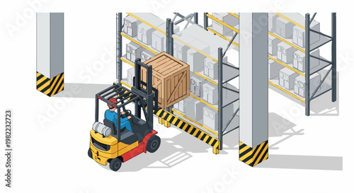 Isometric Forklift Truck Driver Moving Wooden Cargo Crate in a Logistics Warehouse with Shelving Racks