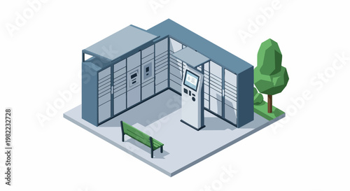 Isometric 3D Illustration of an Automated Smart Parcel Locker Station with Digital Terminal for E-commerce Delivery and Package Pickup