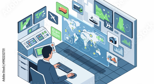 Logistics Management and Global Supply Chain Monitoring Control Center Isometric Illustration