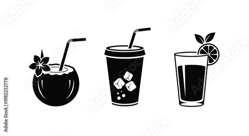 Three different types of cold drinks with straws