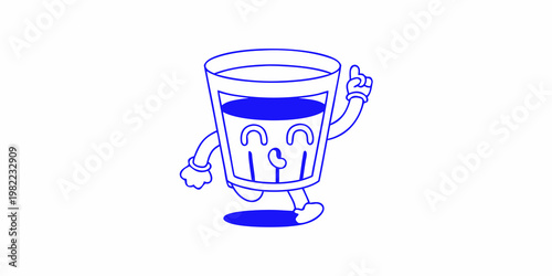 An animated glass of water cheerfully runs with a waving hand