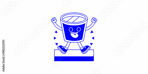 Animated blue soda cup character joyfully jumping with arms raised high