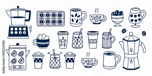 Assorted coffee makers cups and beans in a blue line art style