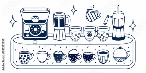 A collection of coffee makers and various cups in a blue line art style