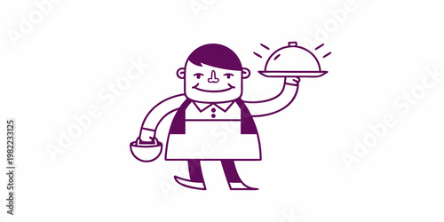 A smiling waiter presents a covered dish on a silver platter