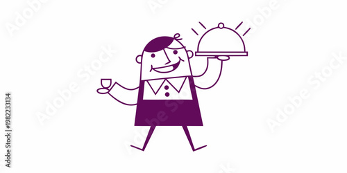 A stylized waiter offering a covered dish on a serving platter