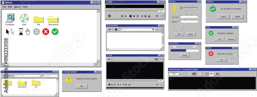 Retro 90s Computer Operating System Interface Windows UI Elements Set