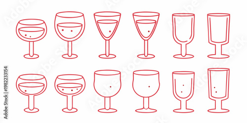 Collection of various wine glasses and champagne flutes in a line