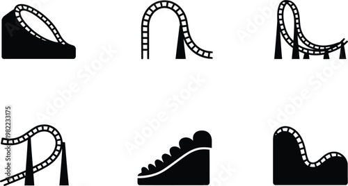 Collection of six black and white roller coaster track icons amusement park ride