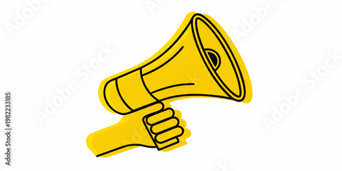 A brightly colored hand drawn illustration of a yellow megaphone