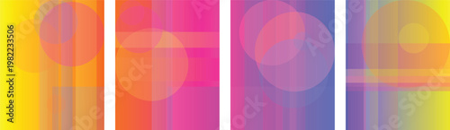 Four vertical panels featuring abstract geometric compositions of overlapping circles, translucent vertical stripes, and vibrant gradient color transitions