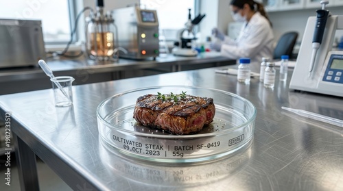 Cultivated Steak in Laboratory Setting with Research Equipment and Scientist in Background