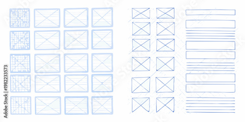 Collection of hand drawn blue wireframe layouts and placeholder elements