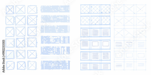 Blue sketches of website or app layouts with grid structures