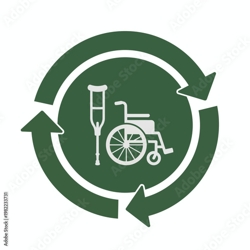 Green circular arrows icon with wheelchair and crutch inside, medical aid cycle, healthcare symbol, disability support, rehabilitation concept.