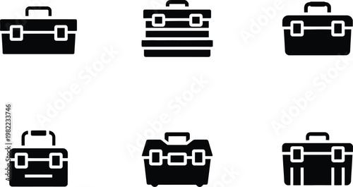 Six Black Silhouette Icons of Briefcases and Toolboxes luggage